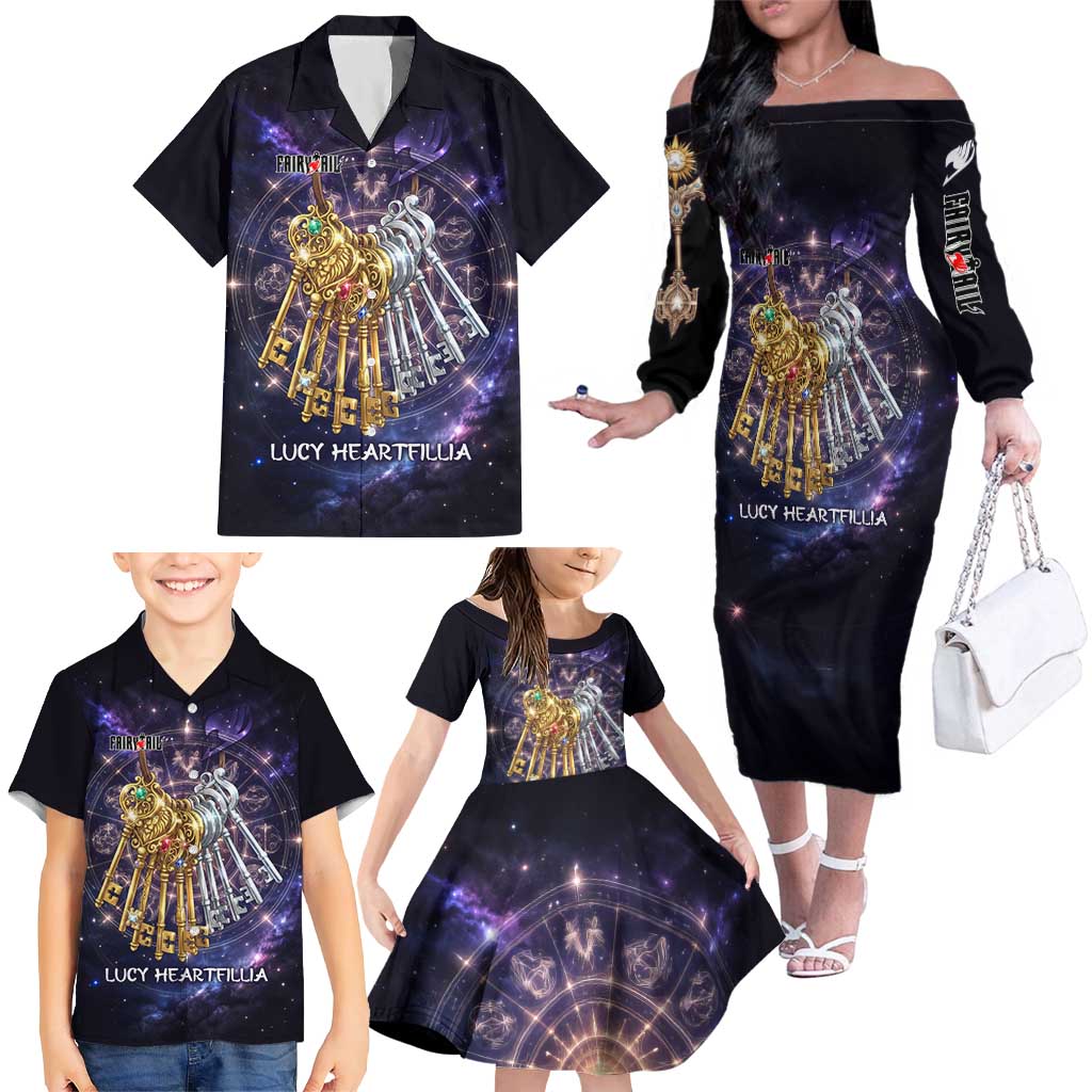 Lucy Heartfilia Fairy Tail Family Matching Off The Shoulder Long Sleeve Dress and Hawaiian Shirt Celestial Spirit Anime Style with Zodiac Key Magic