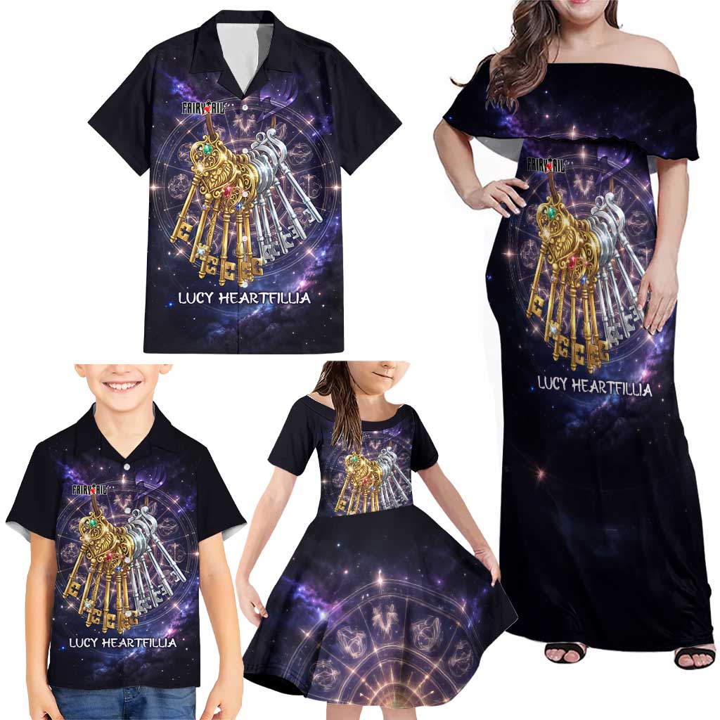 Lucy Heartfilia Fairy Tail Family Matching Off Shoulder Maxi Dress and Hawaiian Shirt Celestial Spirit Anime Style with Zodiac Key Magic