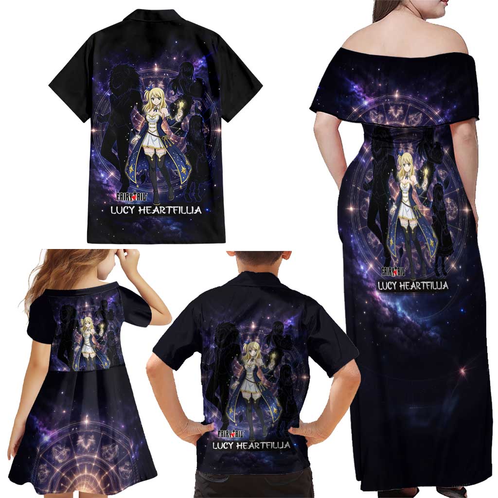 Lucy Heartfilia Fairy Tail Family Matching Off Shoulder Maxi Dress and Hawaiian Shirt Celestial Spirit Anime Style with Zodiac Key Magic