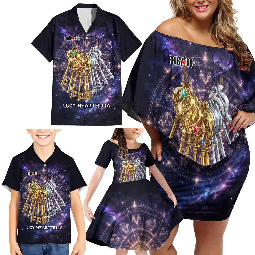 Lucy Heartfilia Fairy Tail Family Matching Off Shoulder Short Dress and Hawaiian Shirt Celestial Spirit Anime Style with Zodiac Key Magic