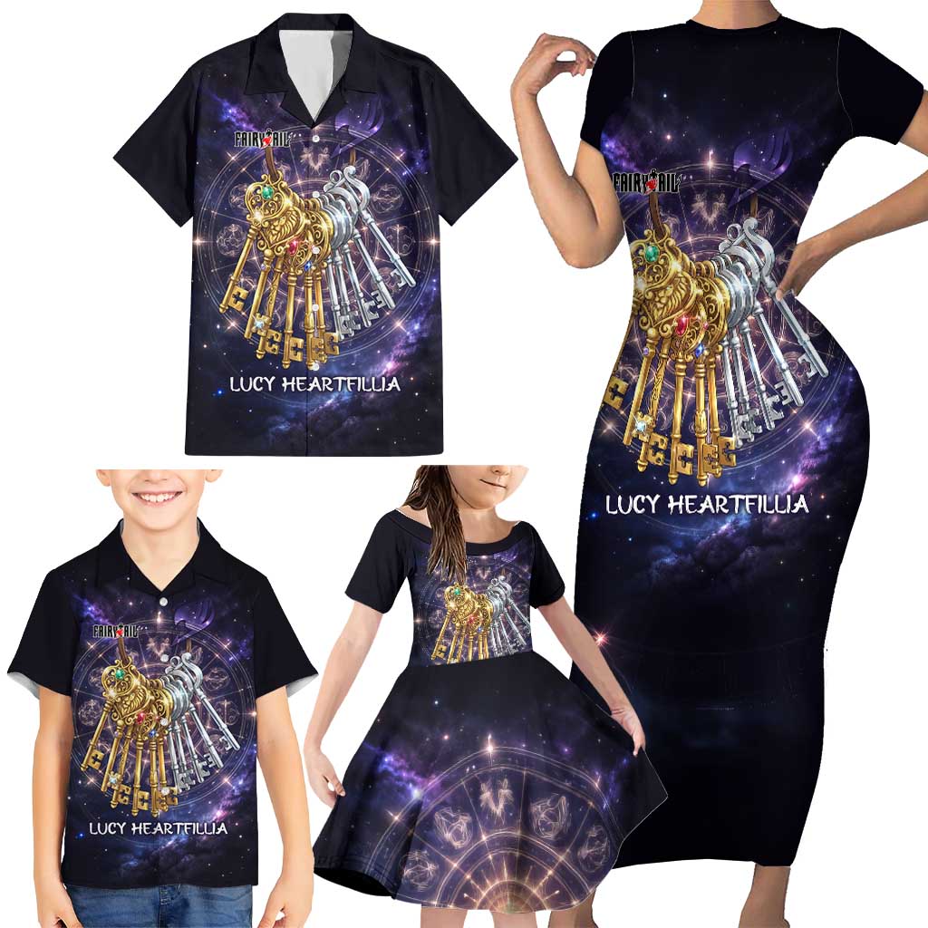 Lucy Heartfilia Fairy Tail Family Matching Short Sleeve Bodycon Dress and Hawaiian Shirt Celestial Spirit Anime Style with Zodiac Key Magic