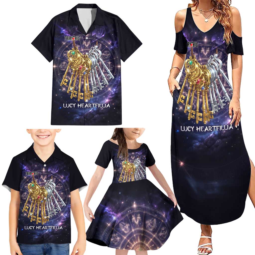 Lucy Heartfilia Fairy Tail Family Matching Summer Maxi Dress and Hawaiian Shirt Celestial Spirit Anime Style with Zodiac Key Magic