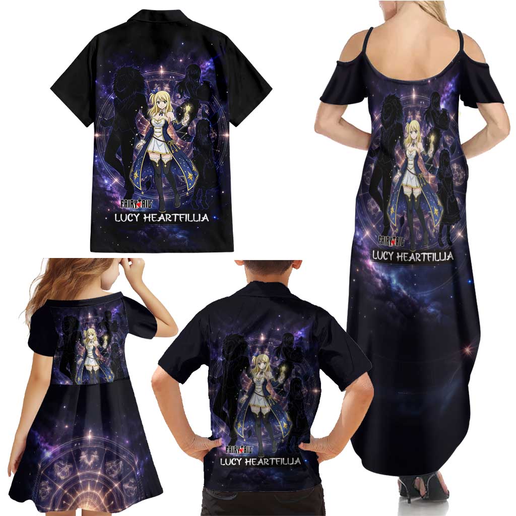Lucy Heartfilia Fairy Tail Family Matching Summer Maxi Dress and Hawaiian Shirt Celestial Spirit Anime Style with Zodiac Key Magic
