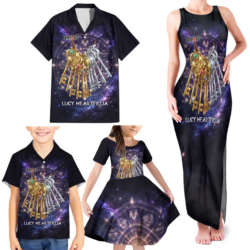 Lucy Heartfilia Fairy Tail Family Matching Tank Maxi Dress and Hawaiian Shirt Celestial Spirit Anime Style with Zodiac Key Magic