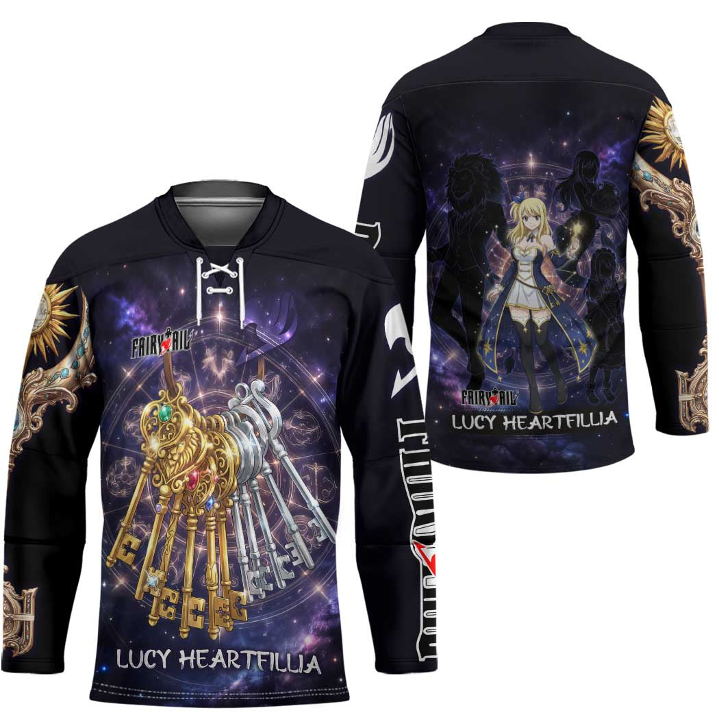 Lucy Heartfilia Fairy Tail Hockey Jersey Celestial Spirit Anime Style with Zodiac Key Magic