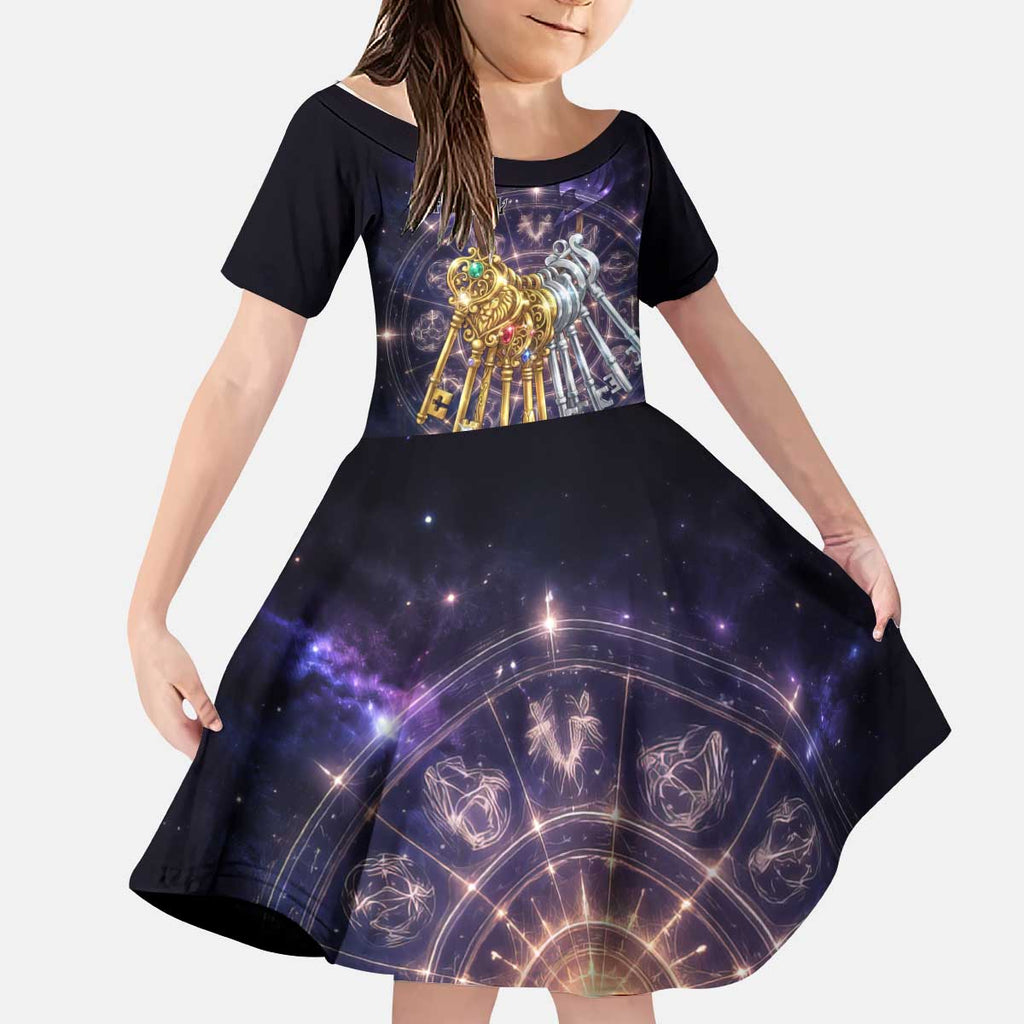 Lucy Heartfilia Fairy Tail Kid Short Sleeve Dress Celestial Spirit Anime Style with Zodiac Key Magic