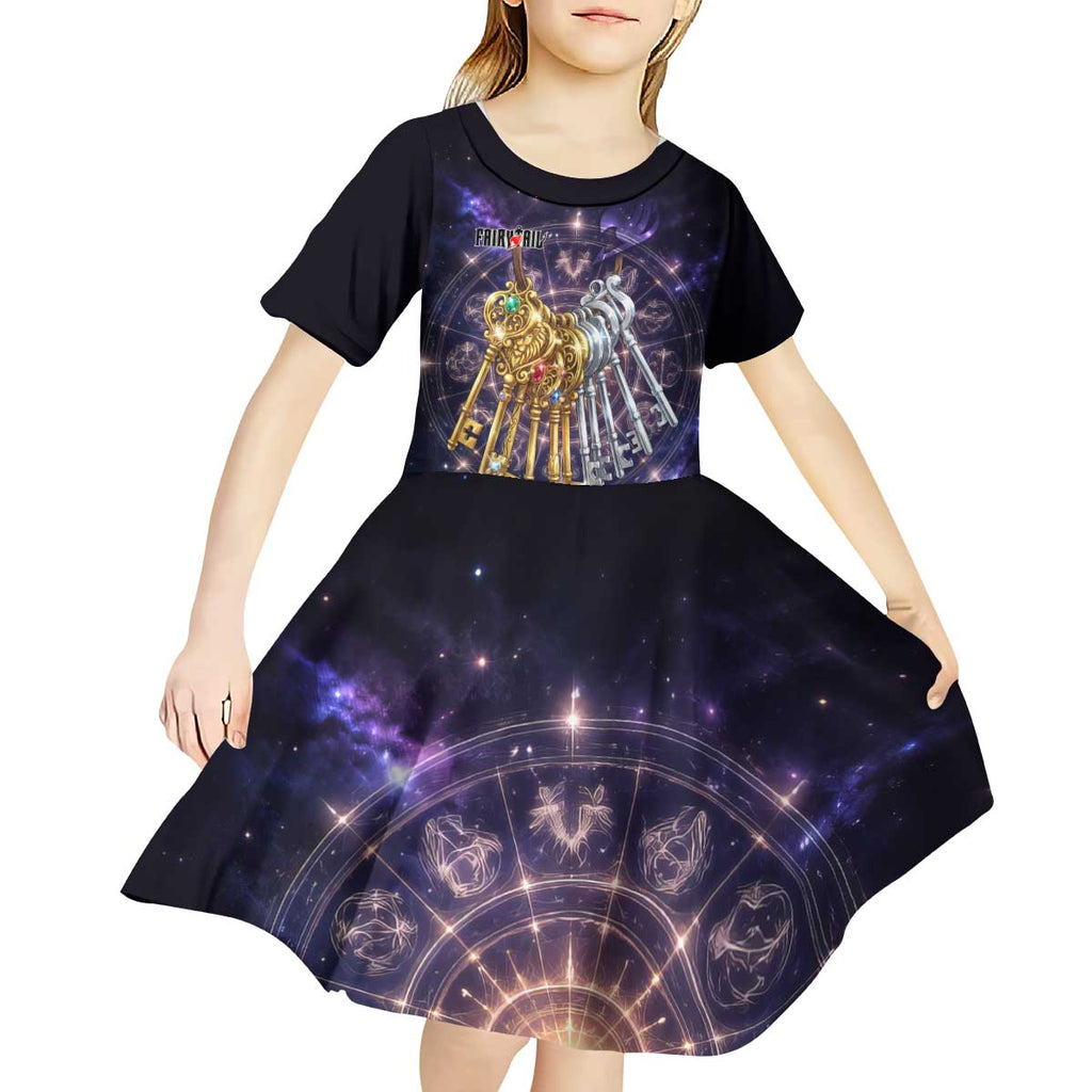 Lucy Heartfilia Fairy Tail Kid Short Sleeve Dress Celestial Spirit Anime Style with Zodiac Key Magic