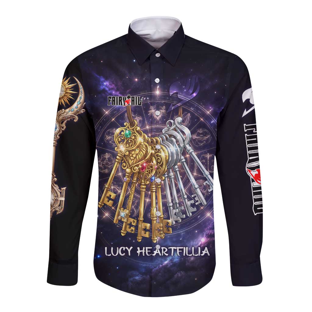 Lucy Heartfilia Fairy Tail Long Sleeve Button Shirt Celestial Spirit Anime Style with Zodiac Key Magic