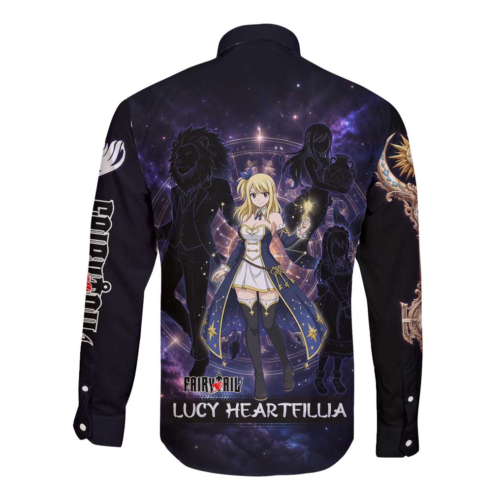 Lucy Heartfilia Fairy Tail Long Sleeve Button Shirt Celestial Spirit Anime Style with Zodiac Key Magic