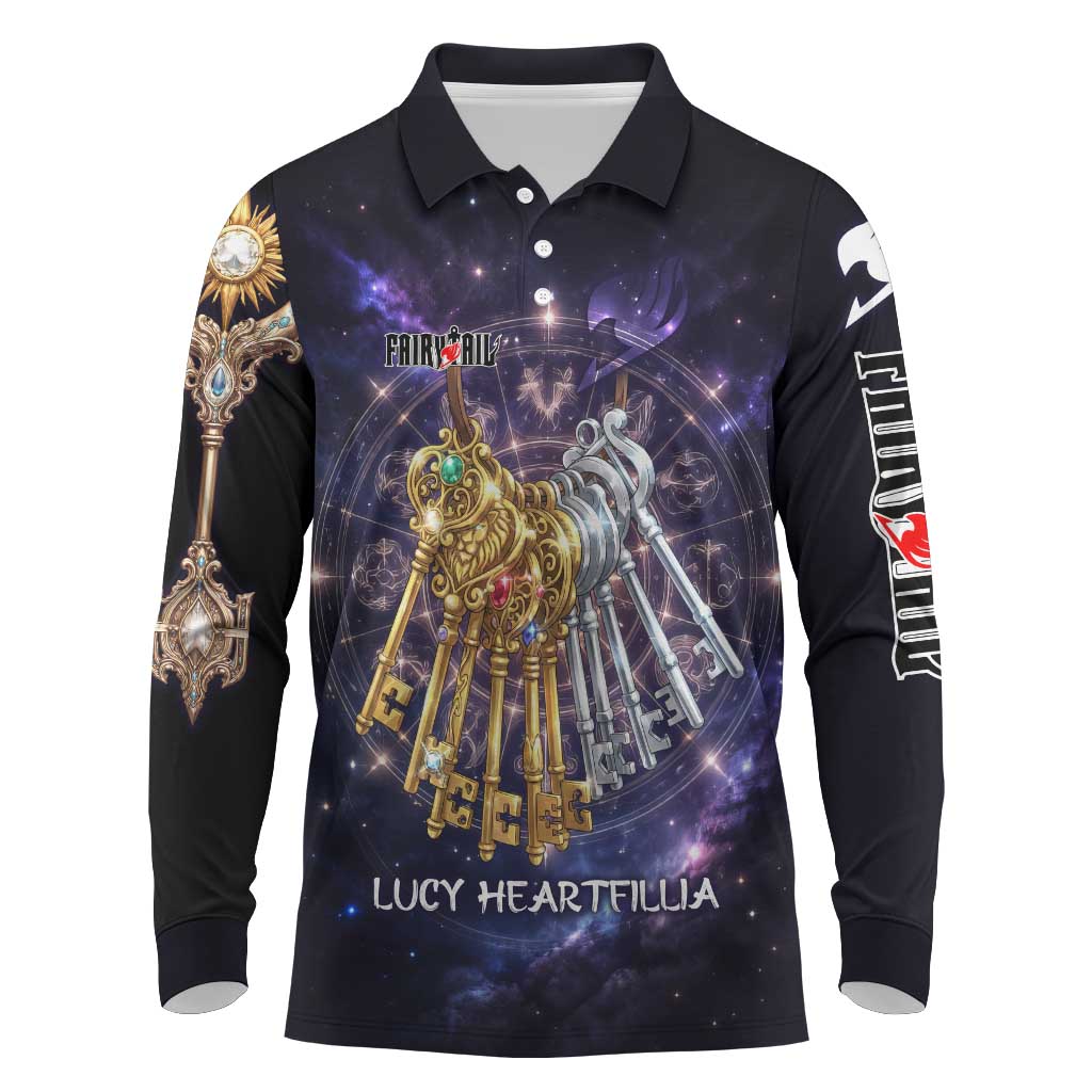 Lucy Heartfilia Fairy Tail Long Sleeve Polo Shirt Celestial Spirit Anime Style with Zodiac Key Magic