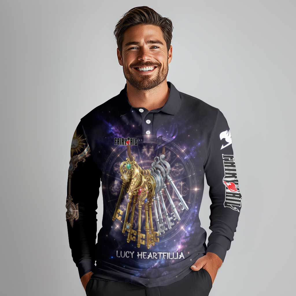Lucy Heartfilia Fairy Tail Long Sleeve Polo Shirt Celestial Spirit Anime Style with Zodiac Key Magic
