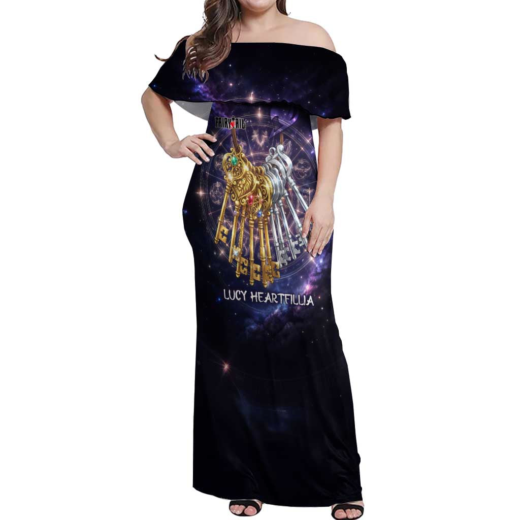 Lucy Heartfilia Fairy Tail Off Shoulder Maxi Dress Celestial Spirit Anime Style with Zodiac Key Magic