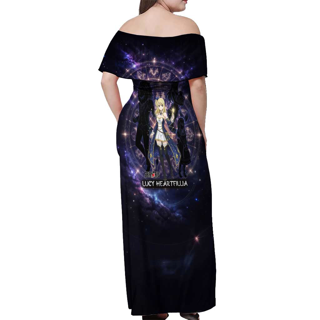 Lucy Heartfilia Fairy Tail Off Shoulder Maxi Dress Celestial Spirit Anime Style with Zodiac Key Magic