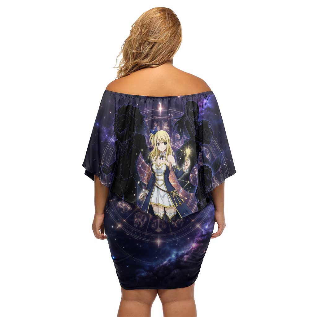 Lucy Heartfilia Fairy Tail Off Shoulder Short Dress Celestial Spirit Anime Style with Zodiac Key Magic