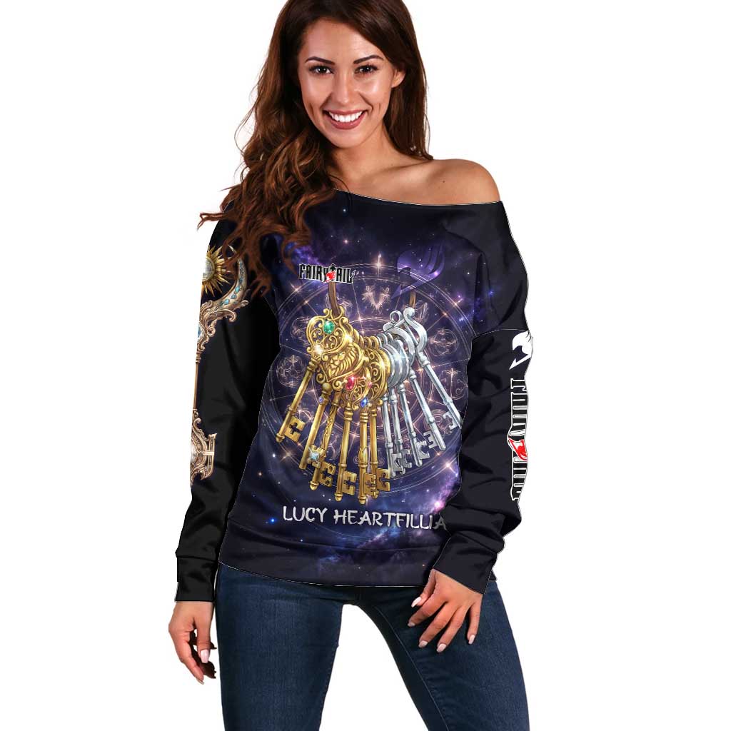 Lucy Heartfilia Fairy Tail Off Shoulder Sweater Celestial Spirit Anime Style with Zodiac Key Magic
