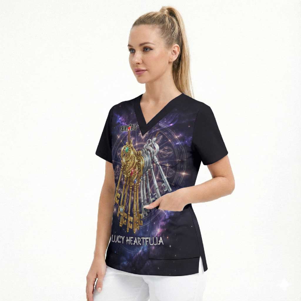 Lucy Heartfilia Fairy Tail Scrub Top Celestial Spirit Anime Style with Zodiac Key Magic