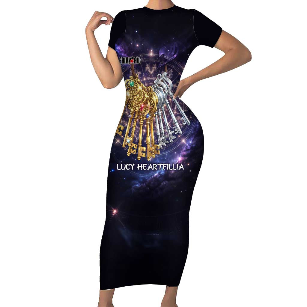 Lucy Heartfilia Fairy Tail Short Sleeve Bodycon Dress Celestial Spirit Anime Style with Zodiac Key Magic