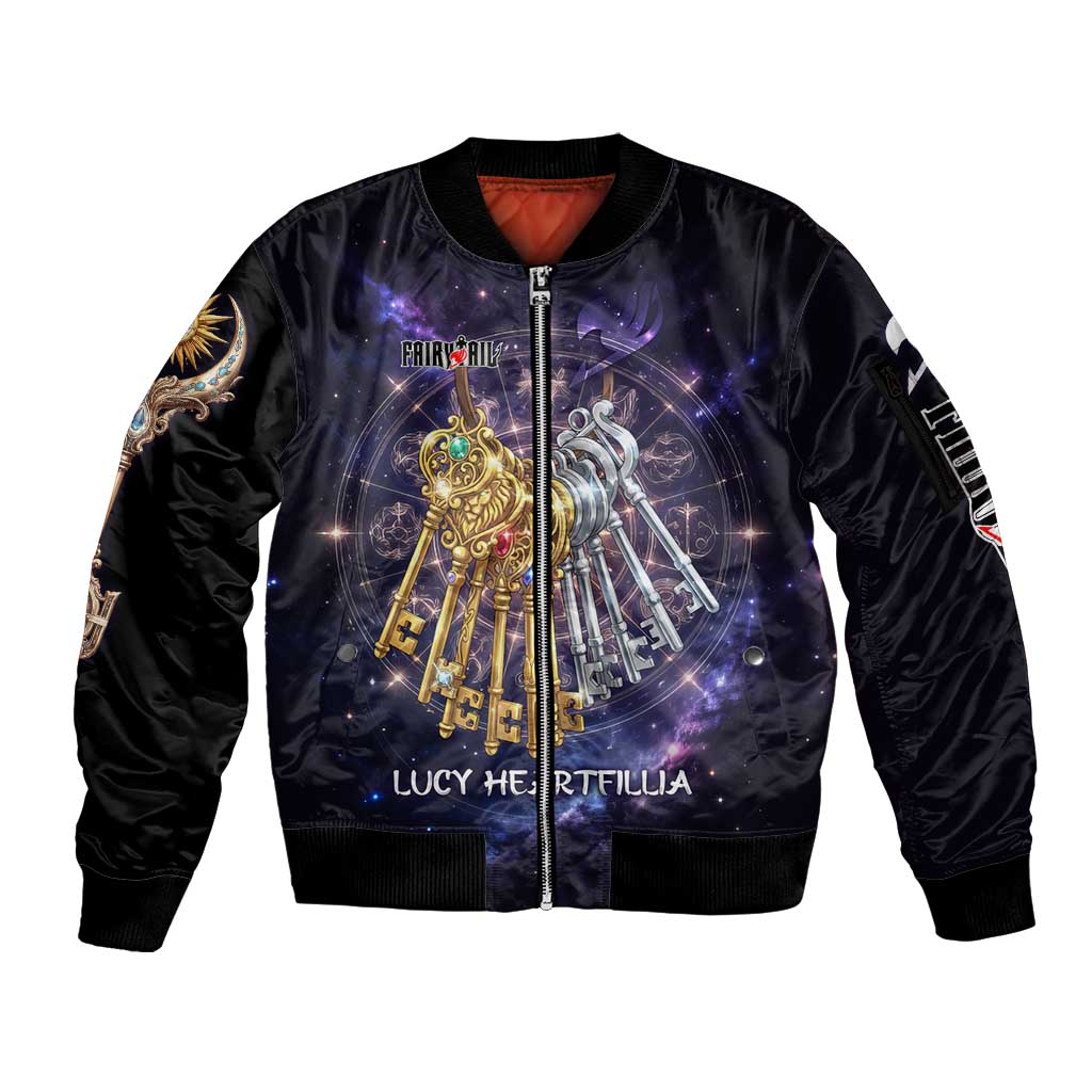 Lucy Heartfilia Fairy Tail Sleeve Zip Bomber Jacket Celestial Spirit Anime Style with Zodiac Key Magic