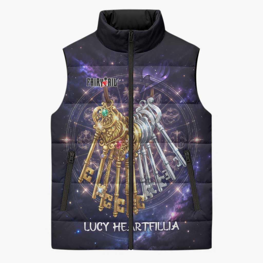 Lucy Heartfilia Fairy Tail Sleeveless Puffer Jacket Celestial Spirit Anime Style with Zodiac Key Magic