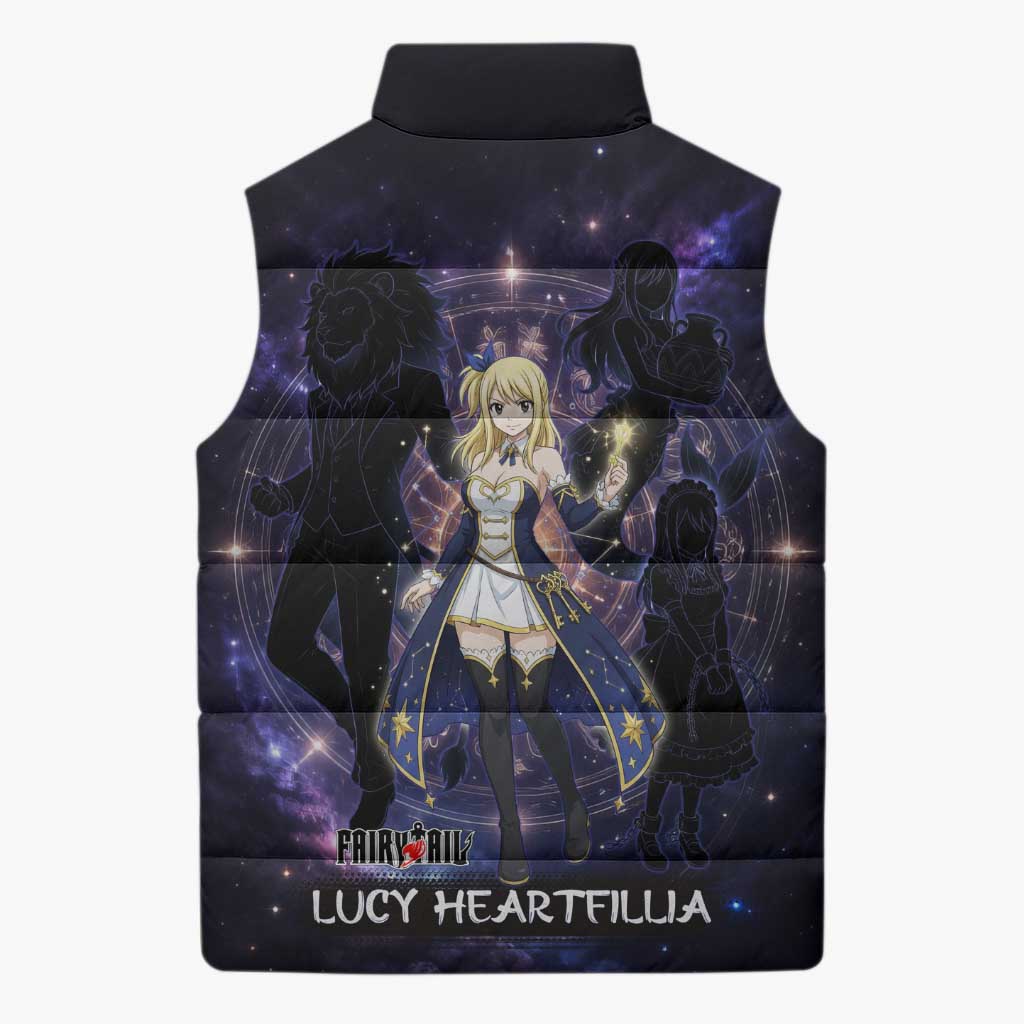 Lucy Heartfilia Fairy Tail Sleeveless Puffer Jacket Celestial Spirit Anime Style with Zodiac Key Magic