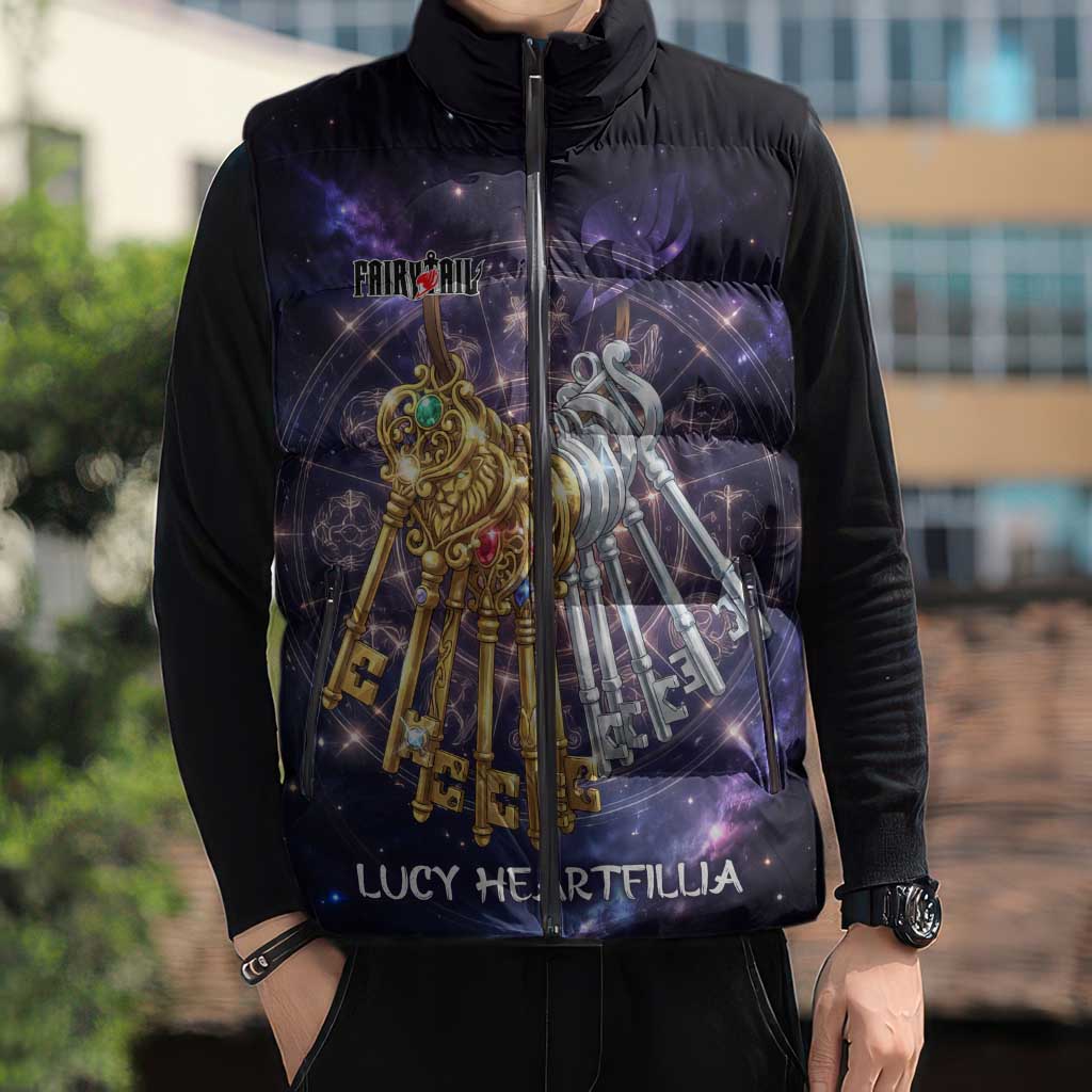 Lucy Heartfilia Fairy Tail Sleeveless Puffer Jacket Celestial Spirit Anime Style with Zodiac Key Magic
