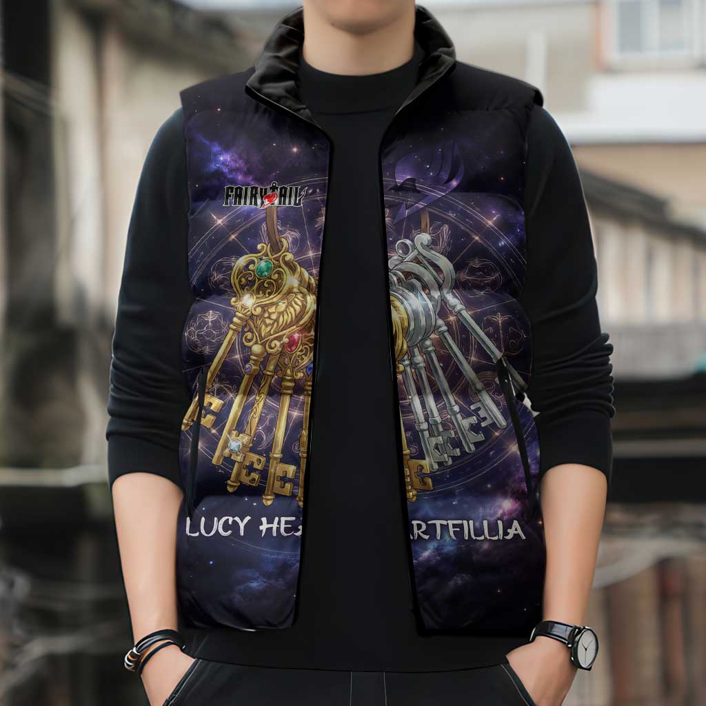 Lucy Heartfilia Fairy Tail Sleeveless Puffer Jacket Celestial Spirit Anime Style with Zodiac Key Magic