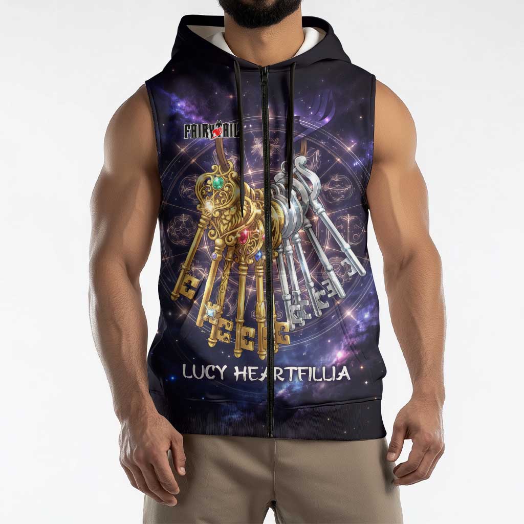 Lucy Heartfilia Fairy Tail Sleeveless Zip Hoodie Celestial Spirit Anime Style with Zodiac Key Magic