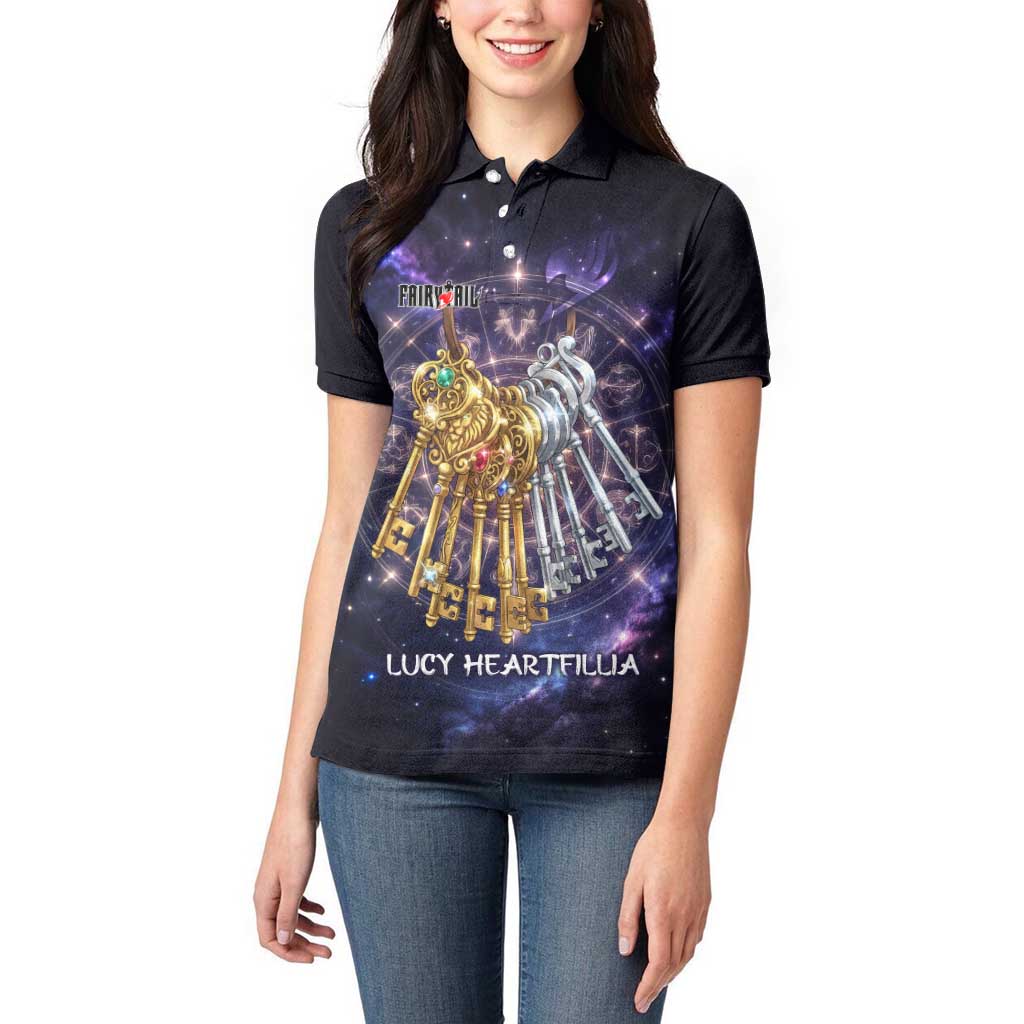 Lucy Heartfilia Fairy Tail Women Polo Shirt Celestial Spirit Anime Style with Zodiac Key Magic