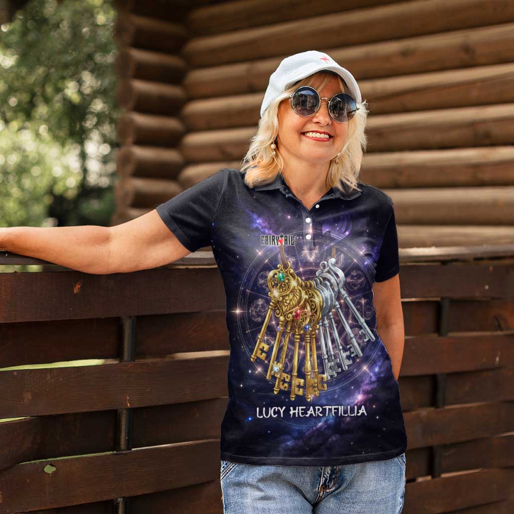 Lucy Heartfilia Fairy Tail Women Polo Shirt Celestial Spirit Anime Style with Zodiac Key Magic