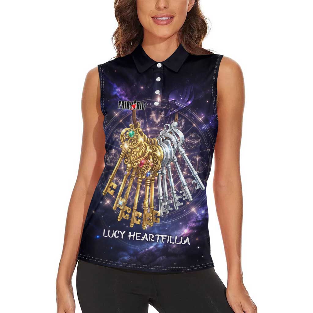 Lucy Heartfilia Fairy Tail Women Sleeveless Polo Shirt Celestial Spirit Anime Style with Zodiac Key Magic