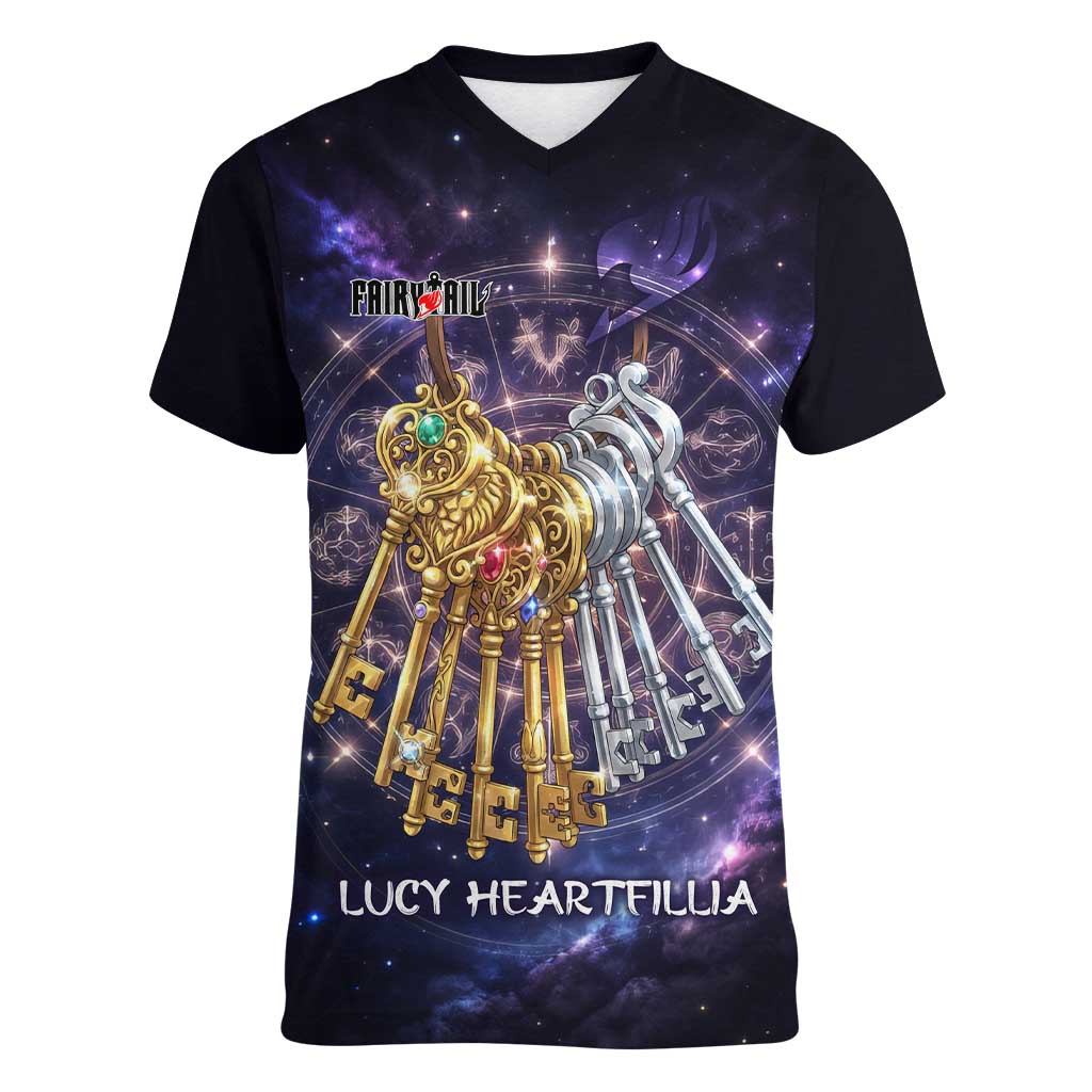 Lucy Heartfilia Fairy Tail Women V-Neck T-Shirt Celestial Spirit Anime Style with Zodiac Key Magic
