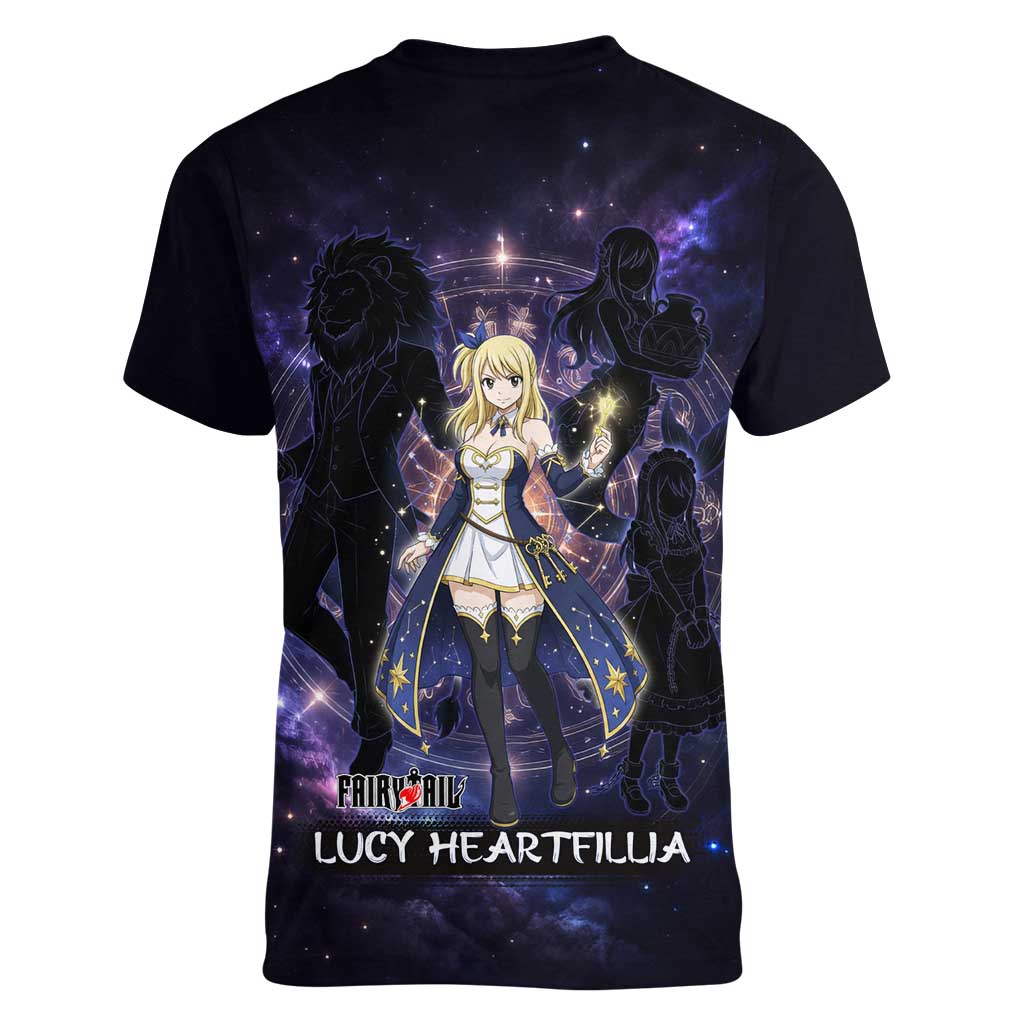 Lucy Heartfilia Fairy Tail Women V-Neck T-Shirt Celestial Spirit Anime Style with Zodiac Key Magic