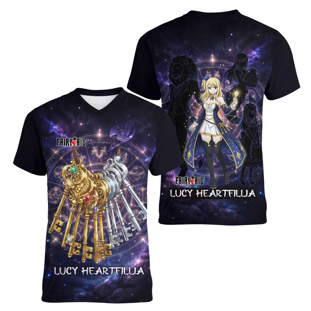 Lucy Heartfilia Fairy Tail Women V-Neck T-Shirt Celestial Spirit Anime Style with Zodiac Key Magic