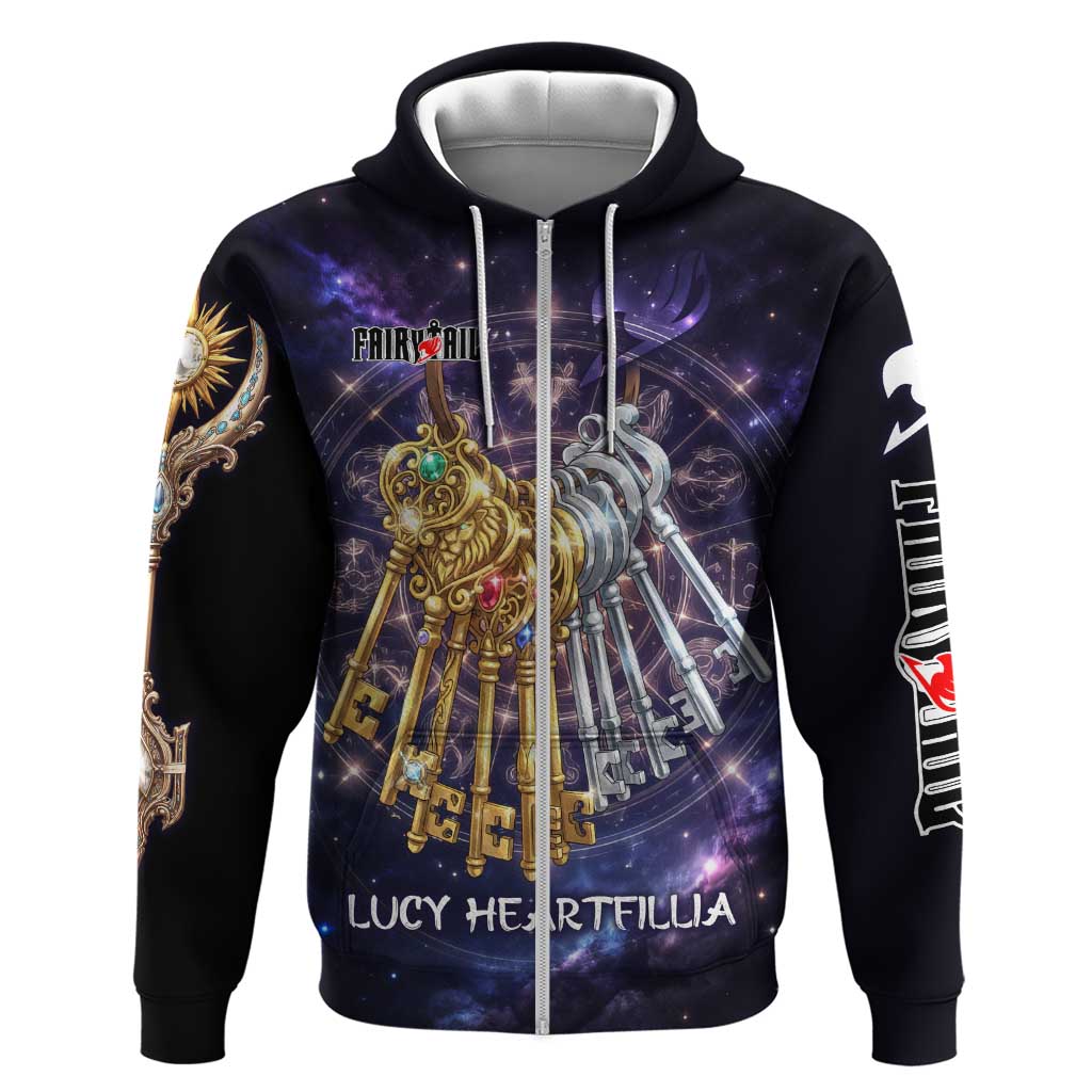 Lucy Heartfilia Fairy Tail Zip Hoodie Celestial Spirit Anime Style with Zodiac Key Magic