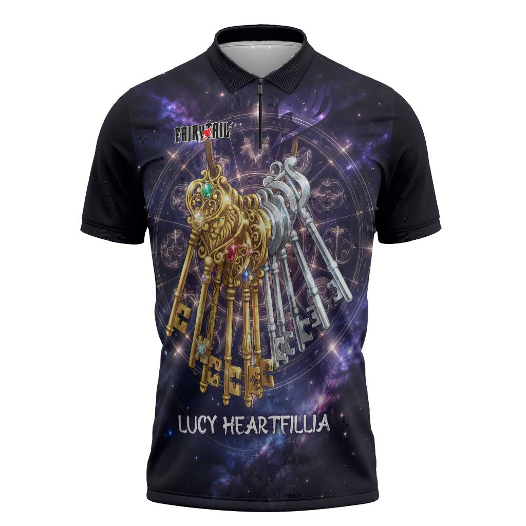 Lucy Heartfilia Fairy Tail Zipper Polo Shirt Celestial Spirit Anime Style with Zodiac Key Magic