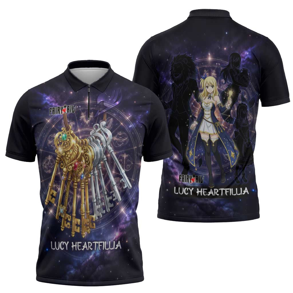 Lucy Heartfilia Fairy Tail Zipper Polo Shirt Celestial Spirit Anime Style with Zodiac Key Magic