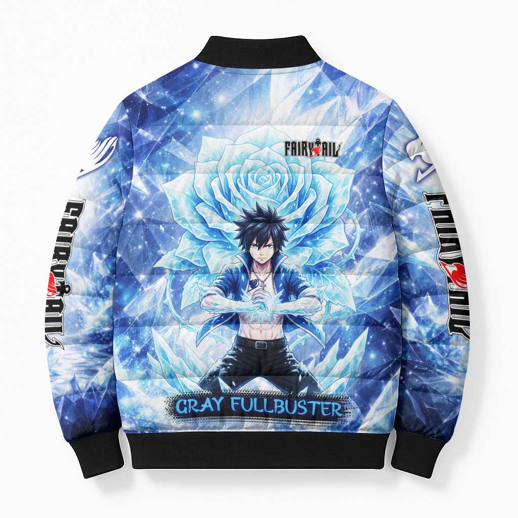 Gray Fullbuster Fairy Tail Bomber Puffer Jacket Ice Magic Anime Style with Crystal Freeze Motif