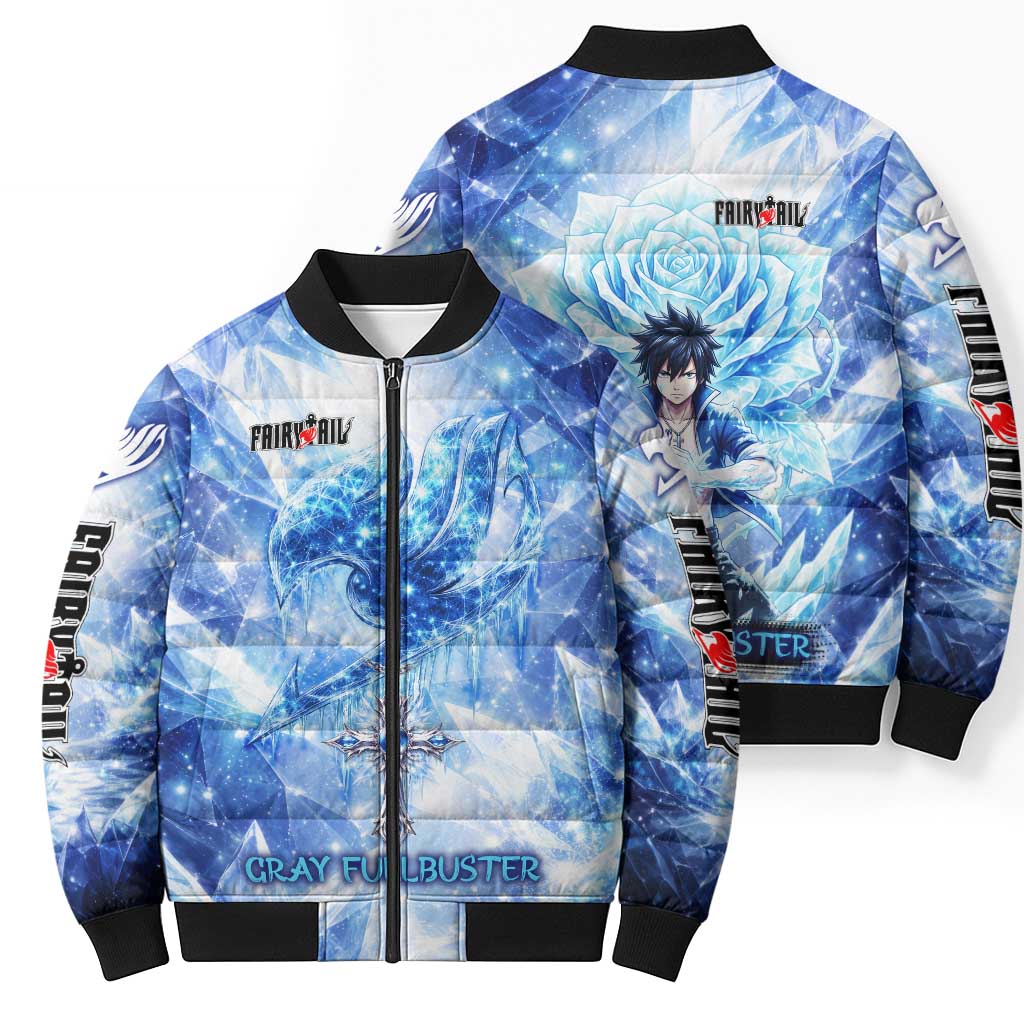 Gray Fullbuster Fairy Tail Bomber Puffer Jacket Ice Magic Anime Style with Crystal Freeze Motif