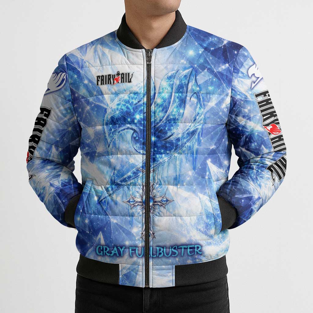 Gray Fullbuster Fairy Tail Bomber Puffer Jacket Ice Magic Anime Style with Crystal Freeze Motif