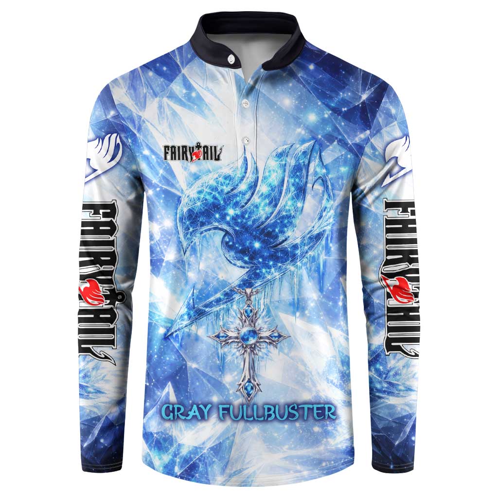 Gray Fullbuster Fairy Tail Button Sweatshirt Ice Magic Anime Style with Crystal Freeze Motif