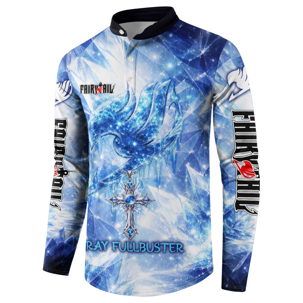 Gray Fullbuster Fairy Tail Button Sweatshirt Ice Magic Anime Style with Crystal Freeze Motif