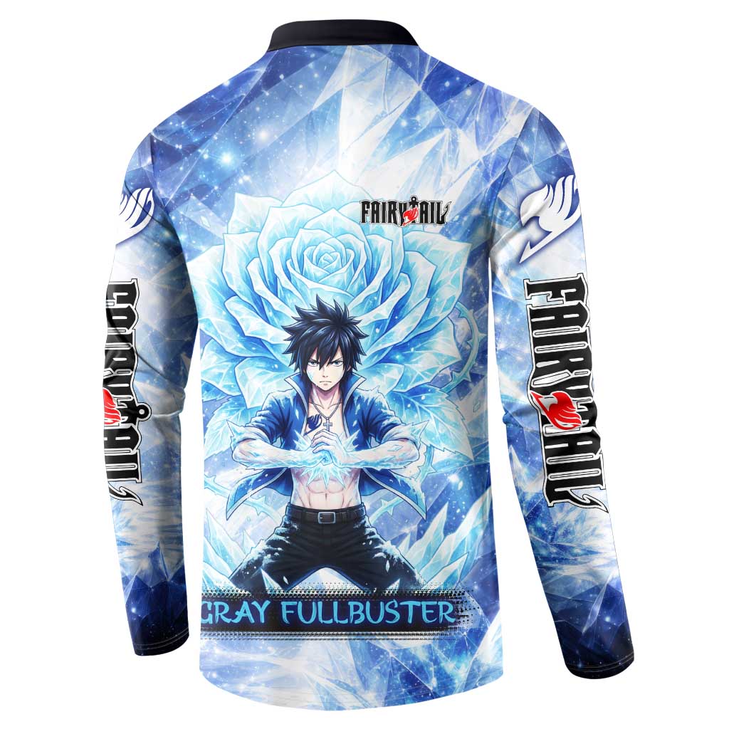 Gray Fullbuster Fairy Tail Button Sweatshirt Ice Magic Anime Style with Crystal Freeze Motif