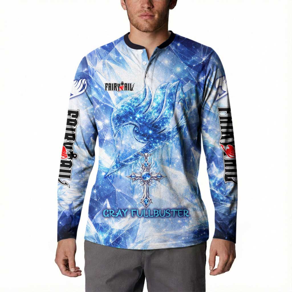 Gray Fullbuster Fairy Tail Button Sweatshirt Ice Magic Anime Style with Crystal Freeze Motif