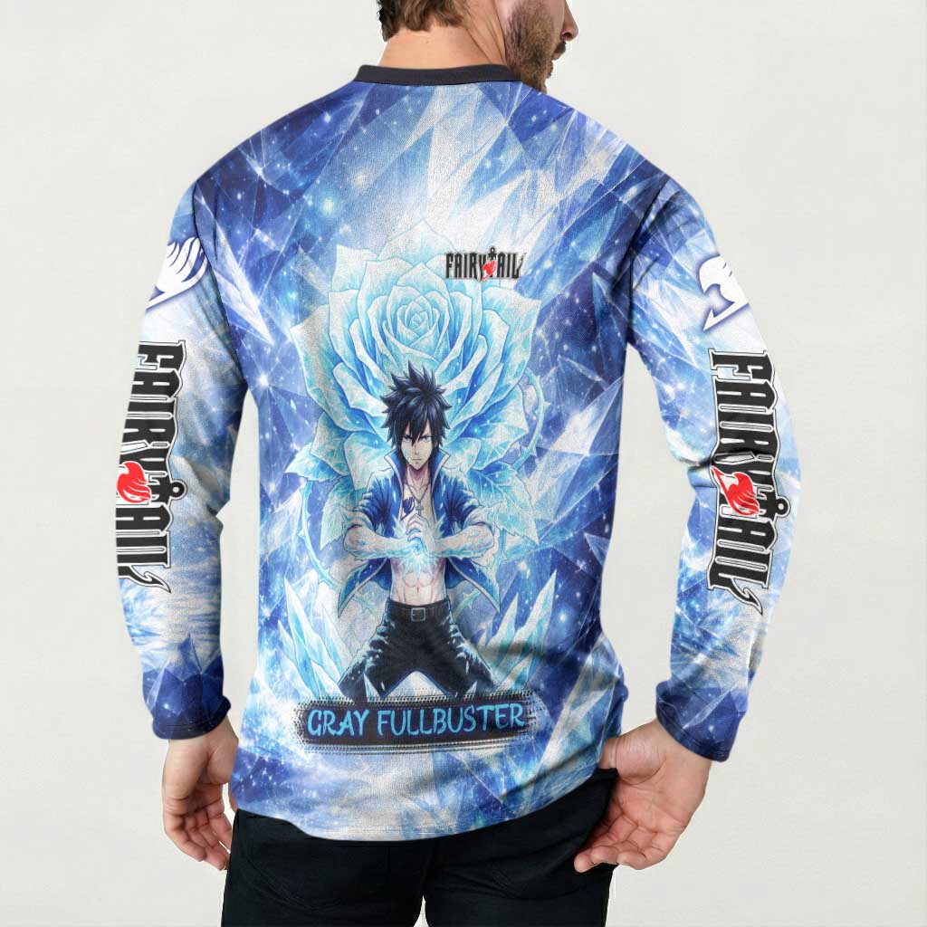 Gray Fullbuster Fairy Tail Button Sweatshirt Ice Magic Anime Style with Crystal Freeze Motif