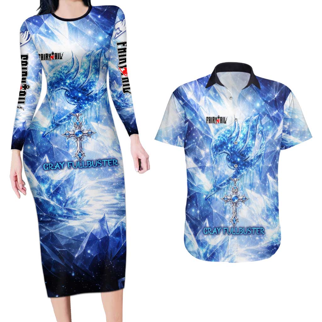 Gray Fullbuster Fairy Tail Couples Matching Long Sleeve Bodycon Dress and Hawaiian Shirt Ice Magic Anime Style with Crystal Freeze Motif