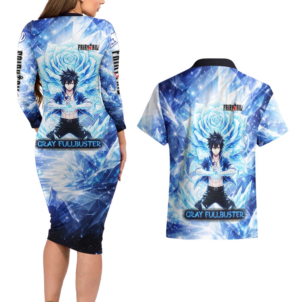 Gray Fullbuster Fairy Tail Couples Matching Long Sleeve Bodycon Dress and Hawaiian Shirt Ice Magic Anime Style with Crystal Freeze Motif
