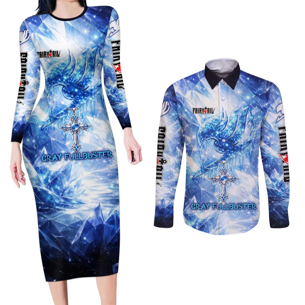 Gray Fullbuster Fairy Tail Couples Matching Long Sleeve Bodycon Dress and Long Sleeve Button Shirt Ice Magic Anime Style with Crystal Freeze Motif
