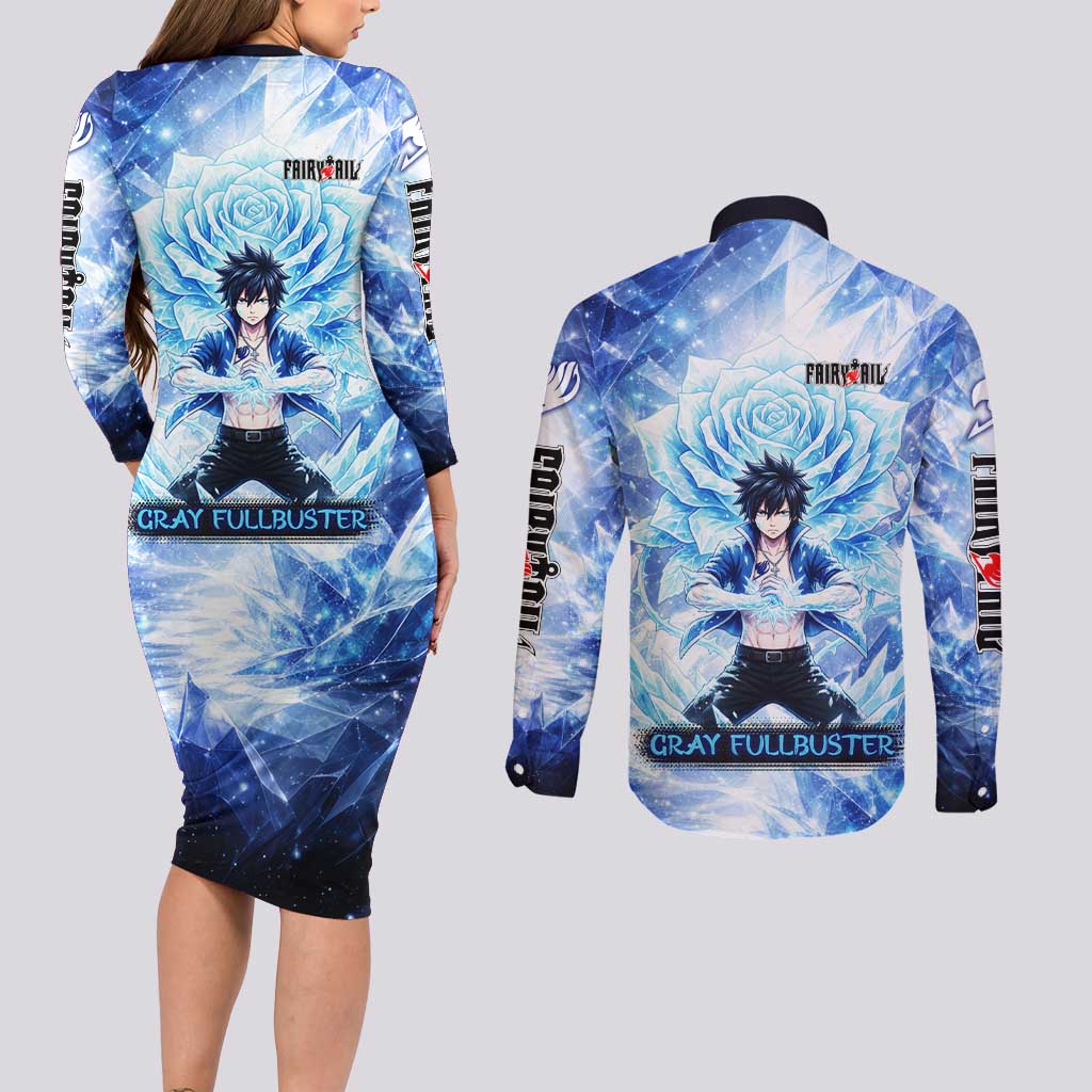 Gray Fullbuster Fairy Tail Couples Matching Long Sleeve Bodycon Dress and Long Sleeve Button Shirt Ice Magic Anime Style with Crystal Freeze Motif