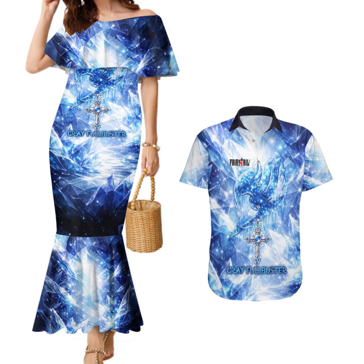 Gray Fullbuster Fairy Tail Couples Matching Mermaid Dress and Hawaiian Shirt Ice Magic Anime Style with Crystal Freeze Motif