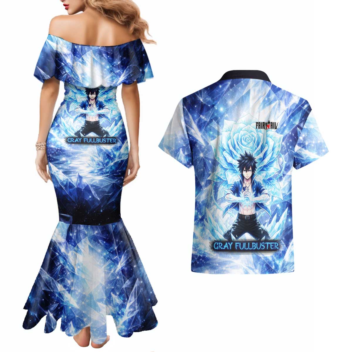 Gray Fullbuster Fairy Tail Couples Matching Mermaid Dress and Hawaiian Shirt Ice Magic Anime Style with Crystal Freeze Motif